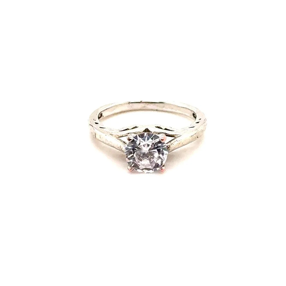 Silver Tone Round Cut Clear Solitaire Ring with Filigree Detail Size 7
